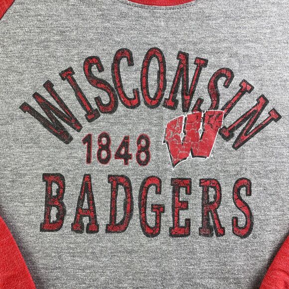 Wisconsin Badgers Sweatshirt Womens Large Gray Red Ringer Raglan Bucky Madison - Picture 3 of 7